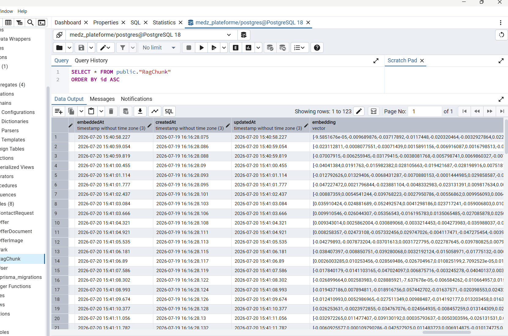 pgAdmin view of the RagChunk table showing embeddedAt, createdAt, updatedAt and the pgvector embedding column