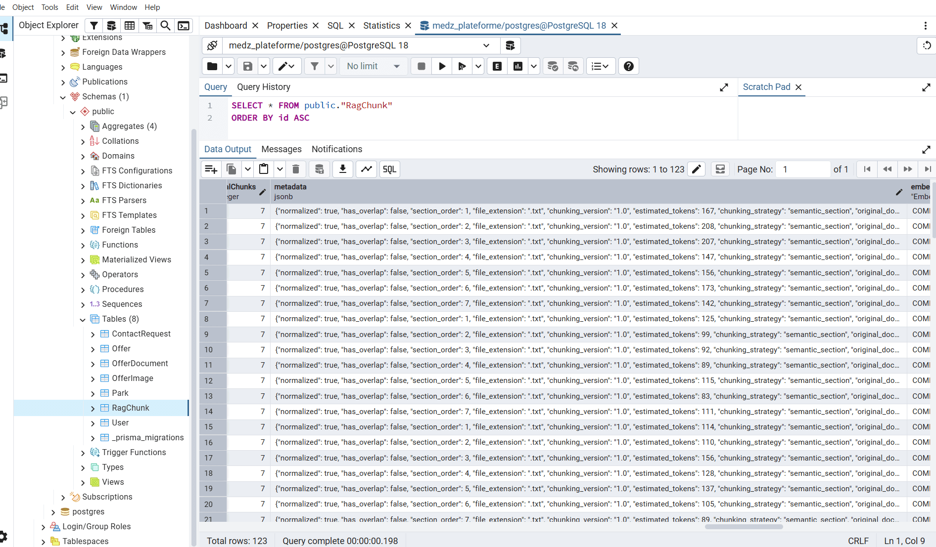 pgAdmin query on the RagChunk table showing 123 rows with JSONB metadata: section order, estimated tokens, chunking strategy semantic_section